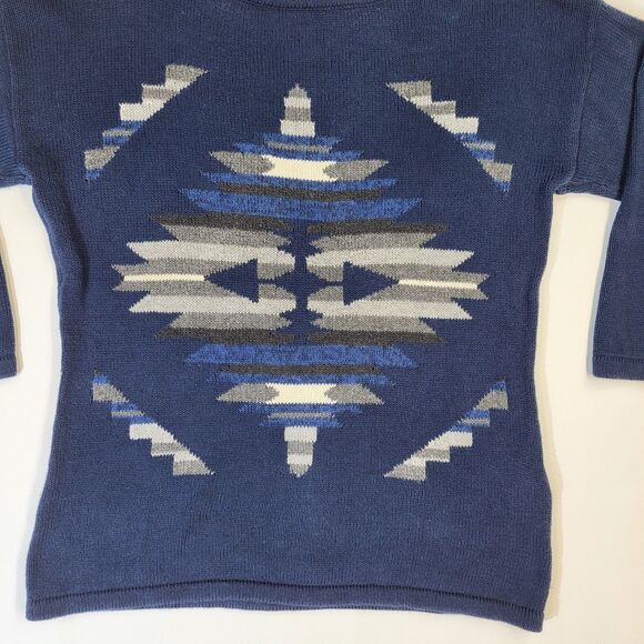 Chaps Denim Women's Sweater Top Shirt Medium Southwestern Aztec Boho Navy Blue - Picture 2 of 7